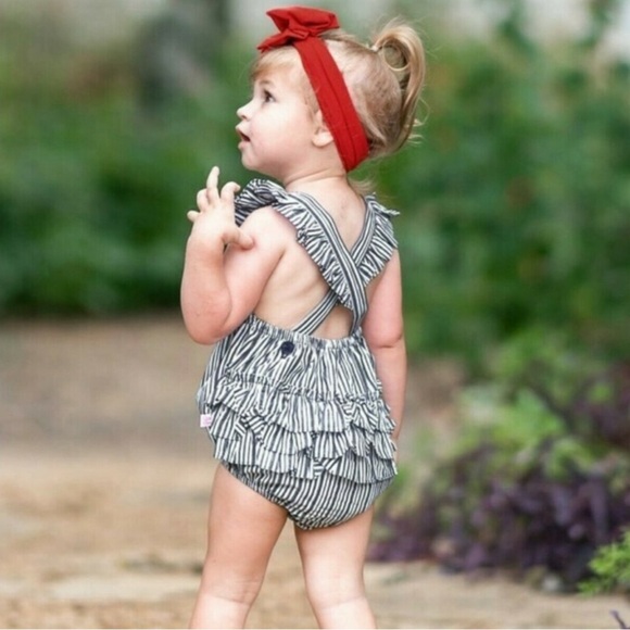 Ruffle Butts Navy Stripe Cross-Back Ruffle Romper Size 6-12 Months - Picture 2 of 7